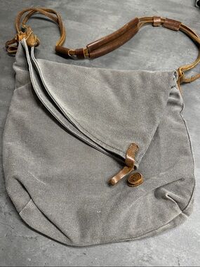 Gray Canvas Crossbody Bag with Leather Trim